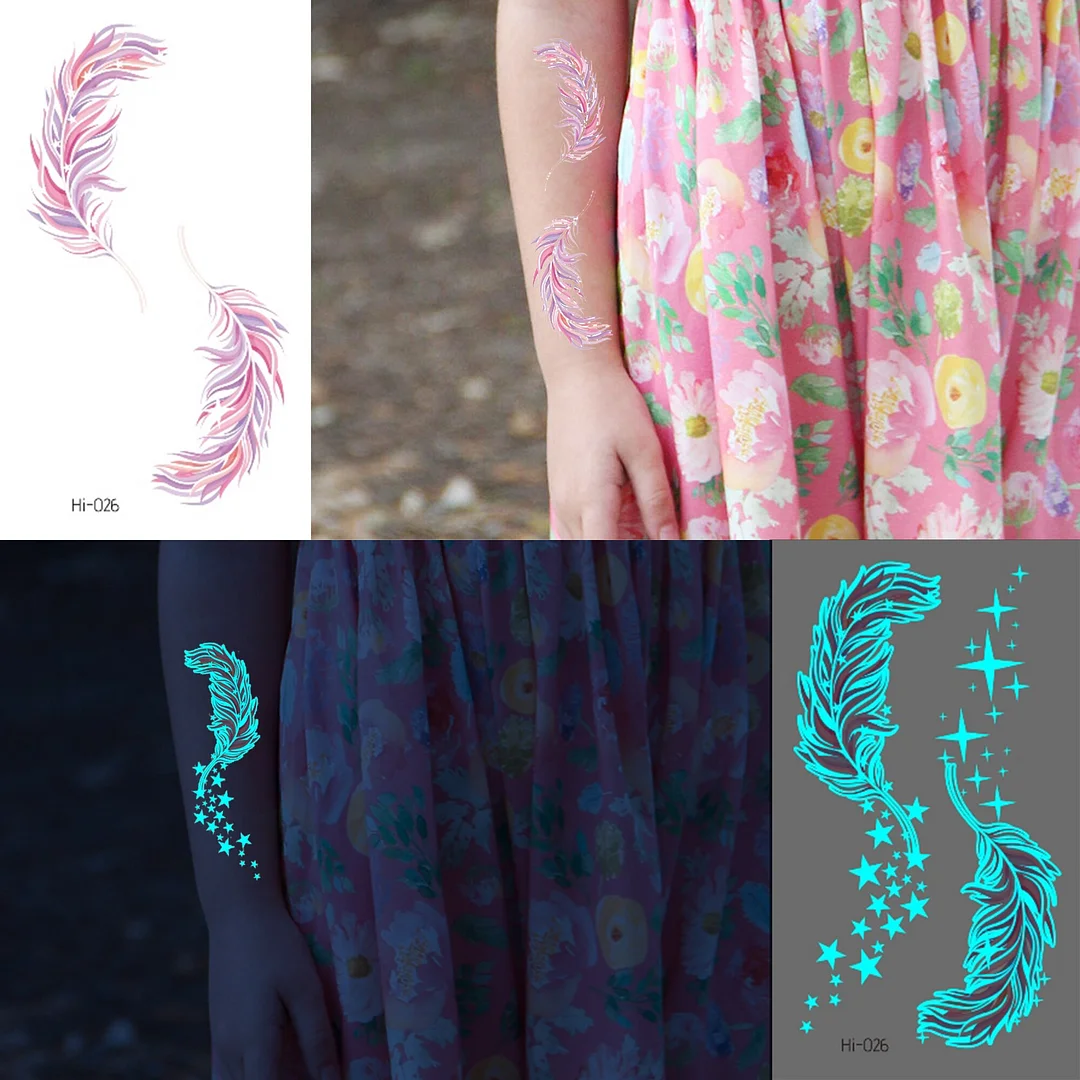 Sdrawing Glowing Butterfly Sea Waves Temporary Tattoos For Women Men Glow In The Dark Glitter Feather Fake Tattoo Sticker Luminous