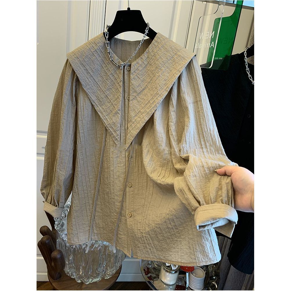 Parigaminghub Spring and Autumn Pleated Bubble Sleeves Doll Neck Collar Shirt Women Top Korean Fashion Loose Casual Blouses Women Clothing
