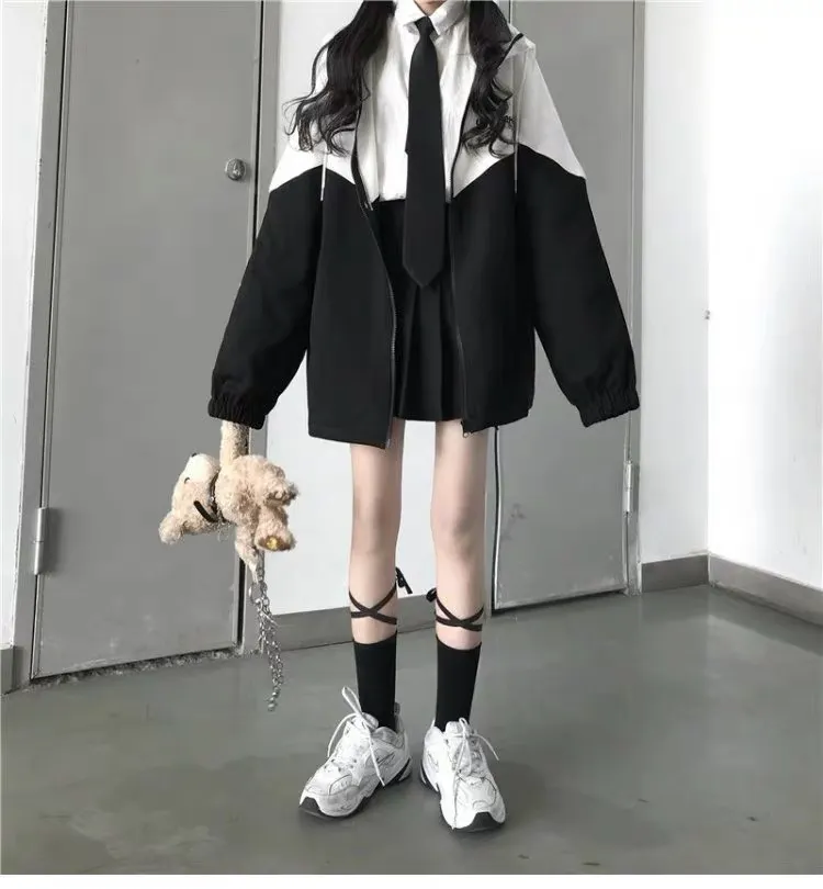 PLUS SIZE B&W CONTRAST ZIPPER HOODED JACKET