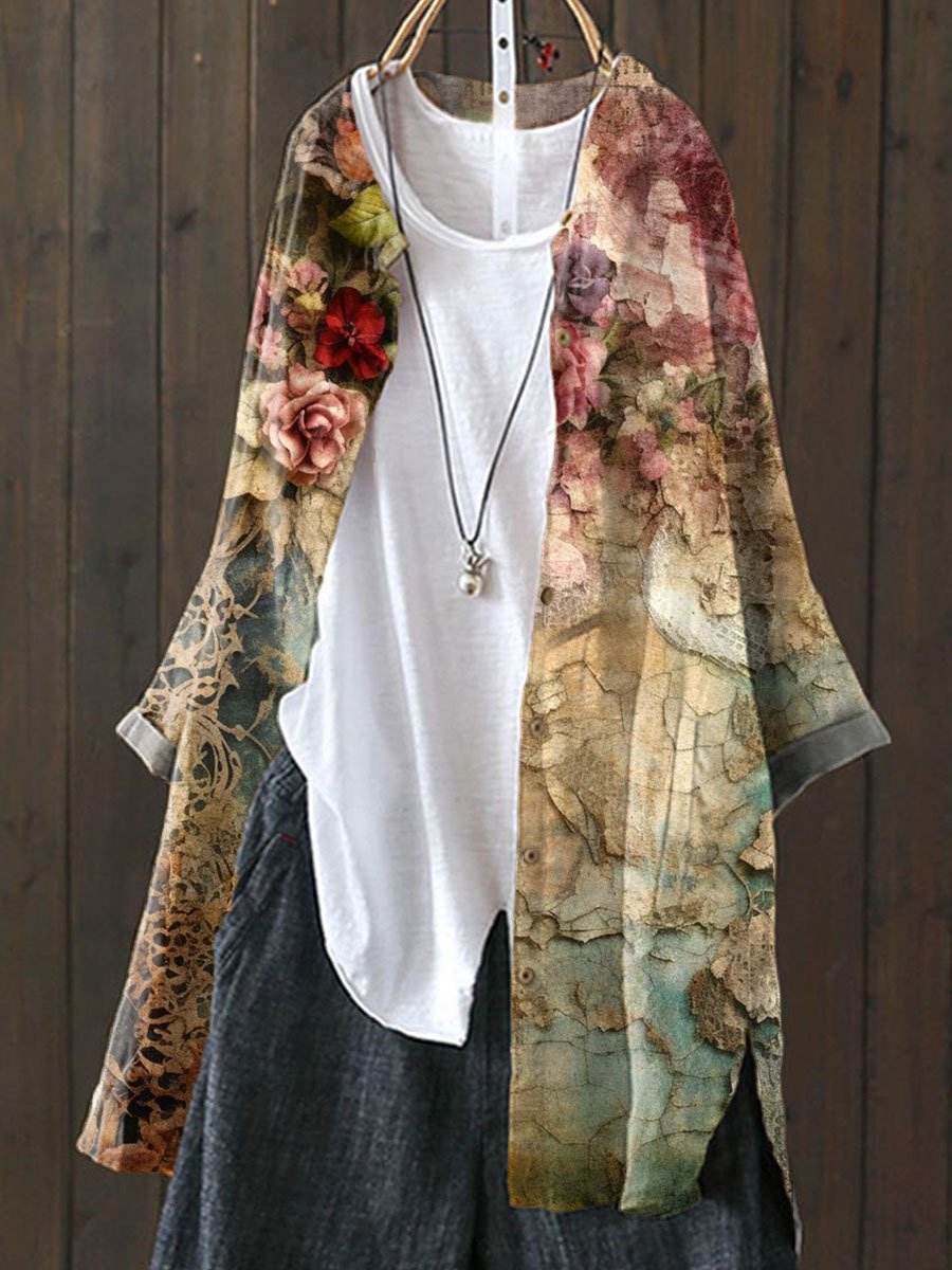 Women's Vintage Flower Art Loose Casual Top Jacket
