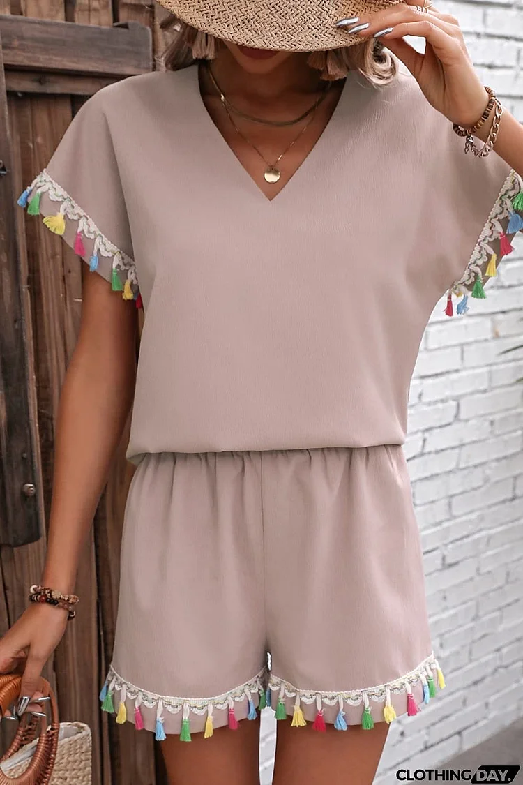 V-Neck Tassel Decor Top and Shorts Set