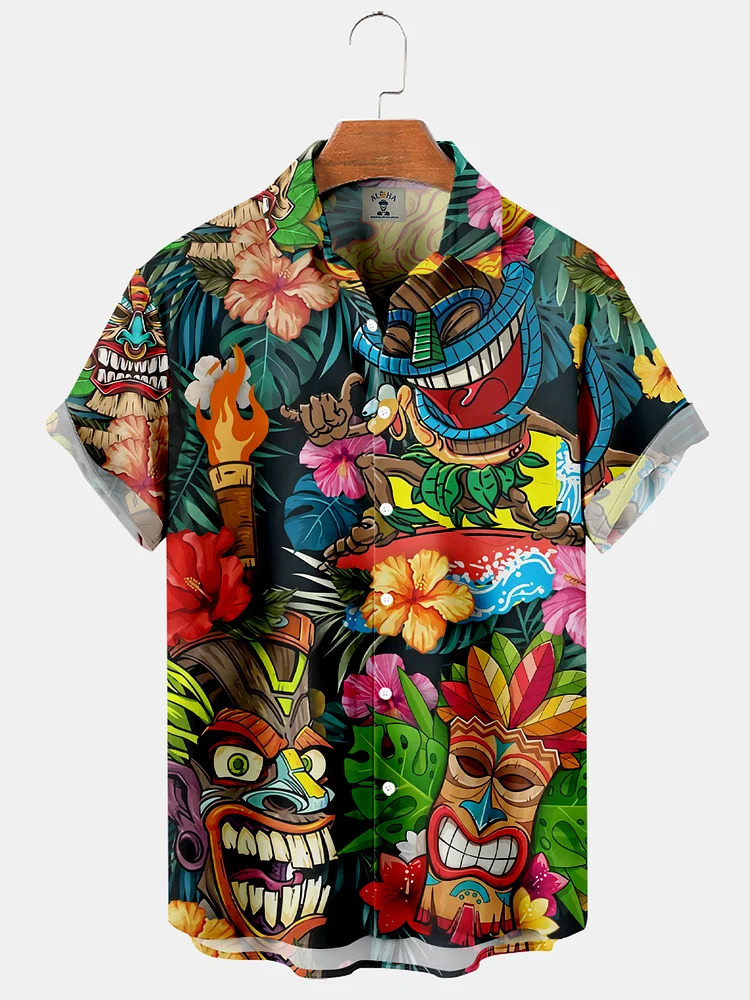 Men's Hawaiian tiki fun print short sleeve shirt