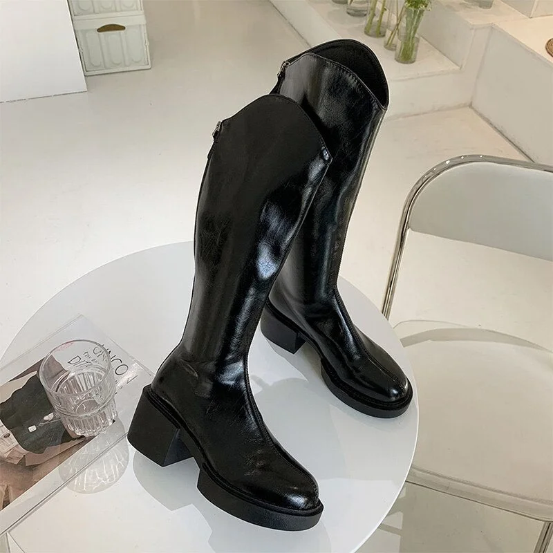 Women's Fashion Thigh High Long Boots Solid Square Heels Ladies Shoes Autumn Winter Soft Leather Zip Female Knee High Boots 2021