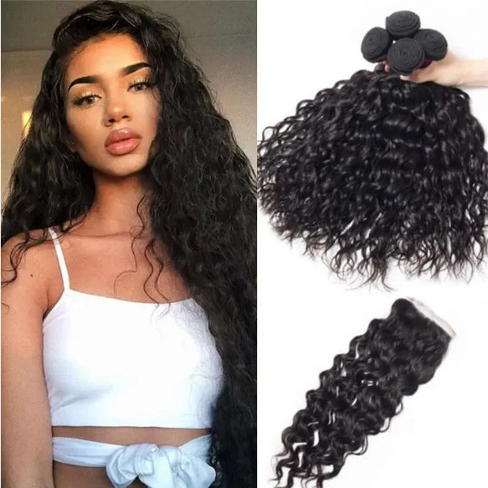Peruvian Water Wave 4 Bundles with 4*4 Closure Soft Unprocessed Virgin Human Hair