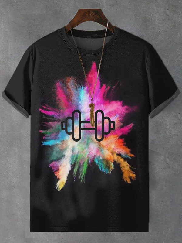 Men's Colorful Explosionbarbell Art Print T-Shirt