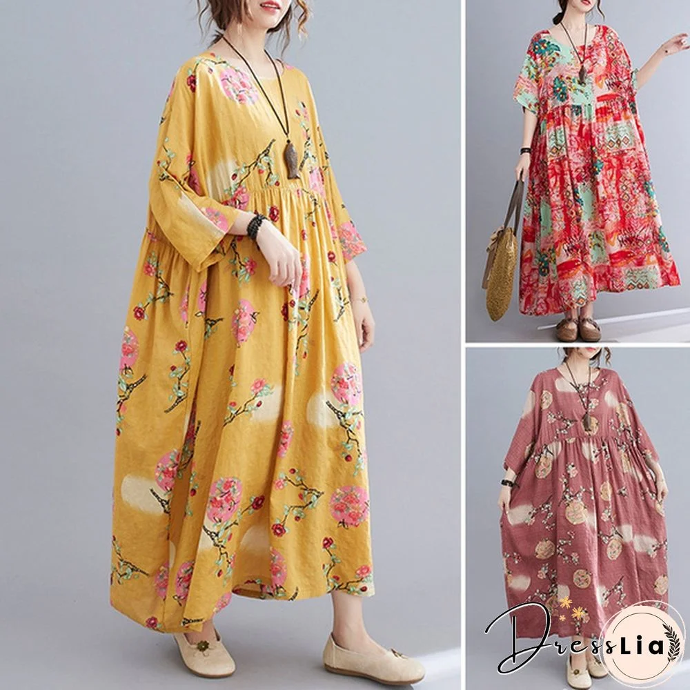 Summer Holiday Oversized Women Baggy Casual Holiday Sundress Crew Neck Retro Printed Long Maxi Shirt Dress