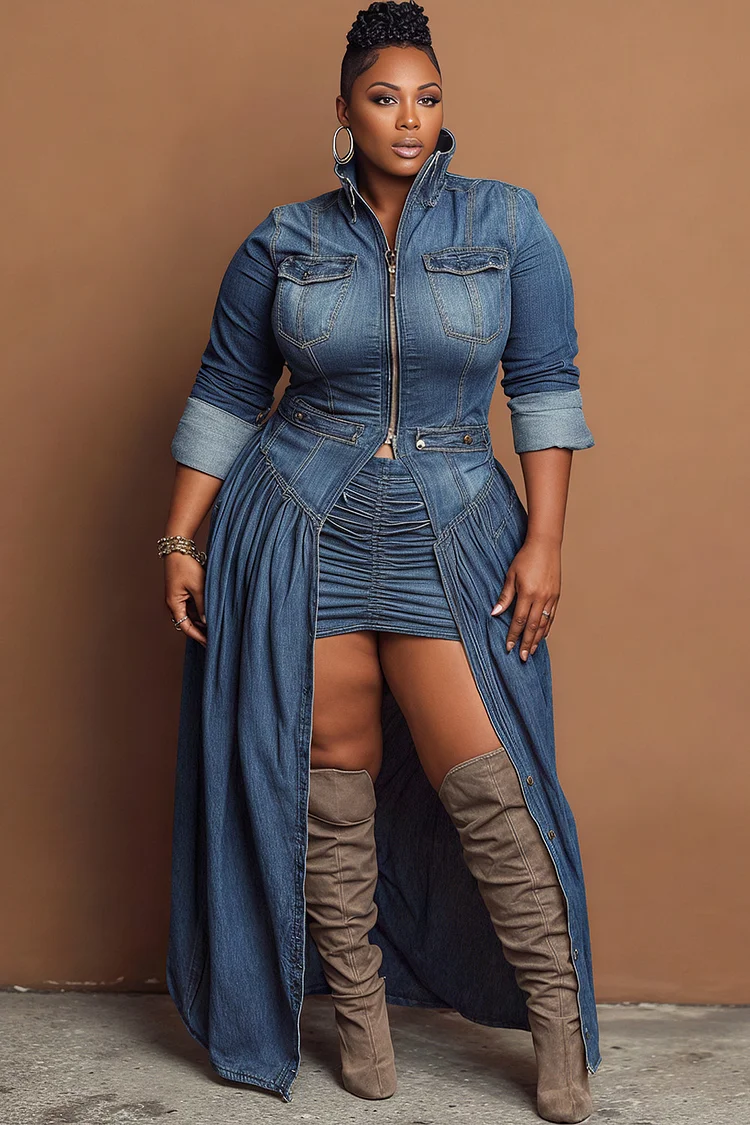 Xpluswear Design Plus Size Festival Blue High Collar Long Sleeve Split Casual Zipper Denim Coat [Pre-Order]
