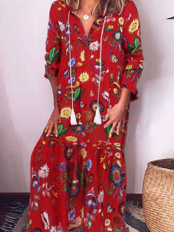 Women Long Sleeve Floral Casual Loose Maxi Dresses