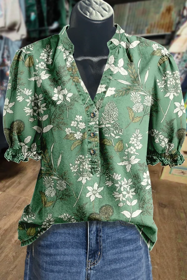 Vintage Floral Print V-Neck Top