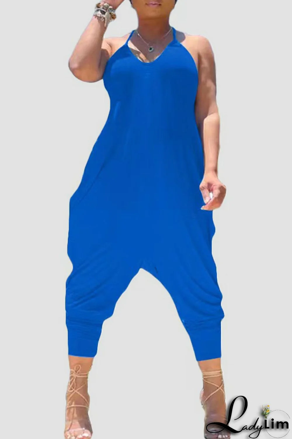 Blue Casual Solid Split Joint O Neck Jumpsuits