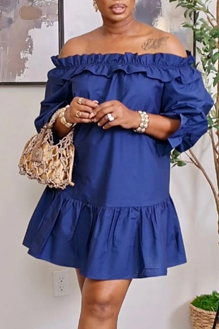 Plus Size Daily Blue Off The Shoulder Half Sleeve Ruffle Casual Tencel Denim Mini Dresses [Pre-Order] 2024 - Xpluswear