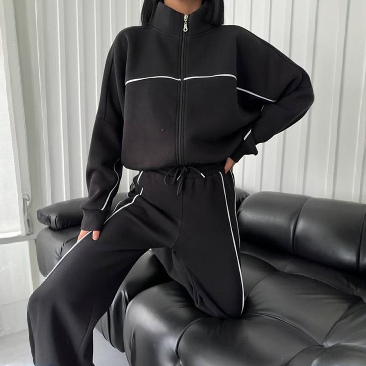 Casual Set Long Sleeve Half High Neck Cardigan Sweatshirt Lace Up Striped Pants