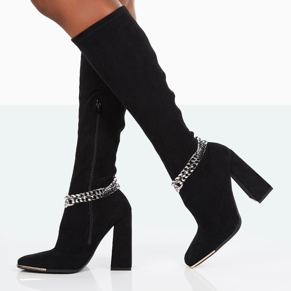 Stylish Black Vegan Suede Square Toe Chain Decor Tall Boots for Women Nicepairs