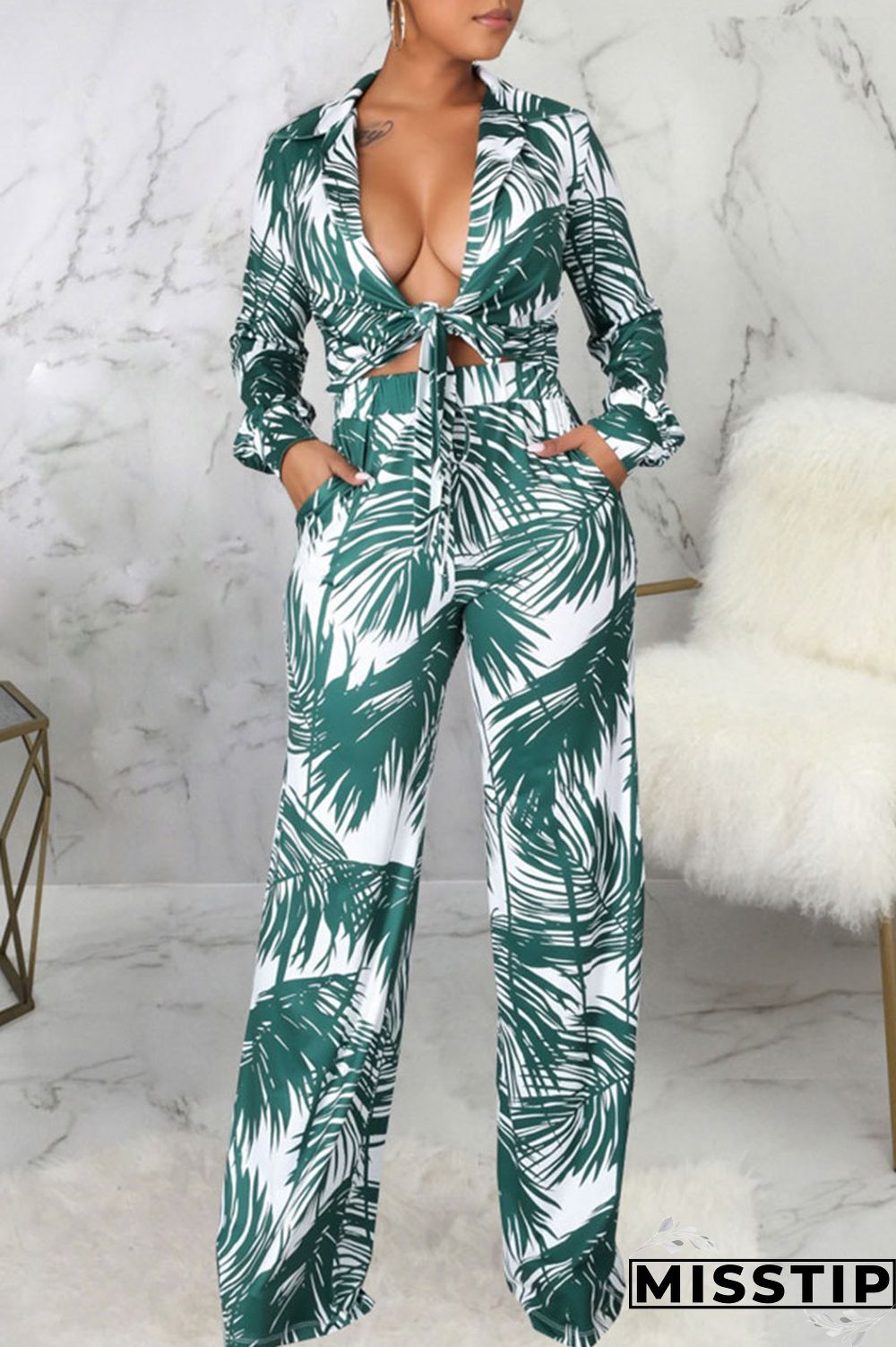 Cyan Casual Print Bandage Patchwork Turn-back Collar Long Sleeve Two Pieces
