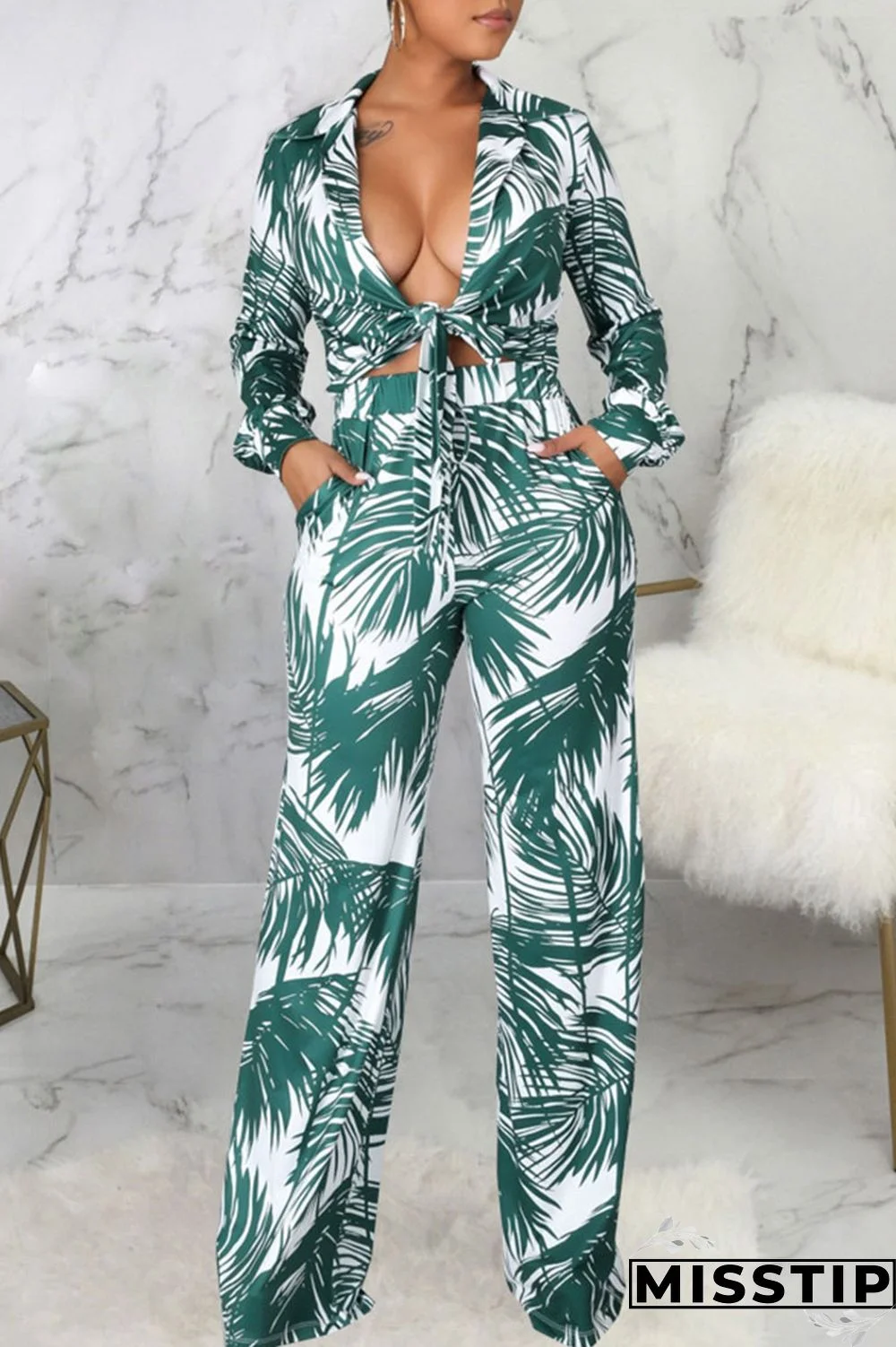 Cyan Casual Print Bandage Patchwork Turn-back Collar Long Sleeve Two Pieces