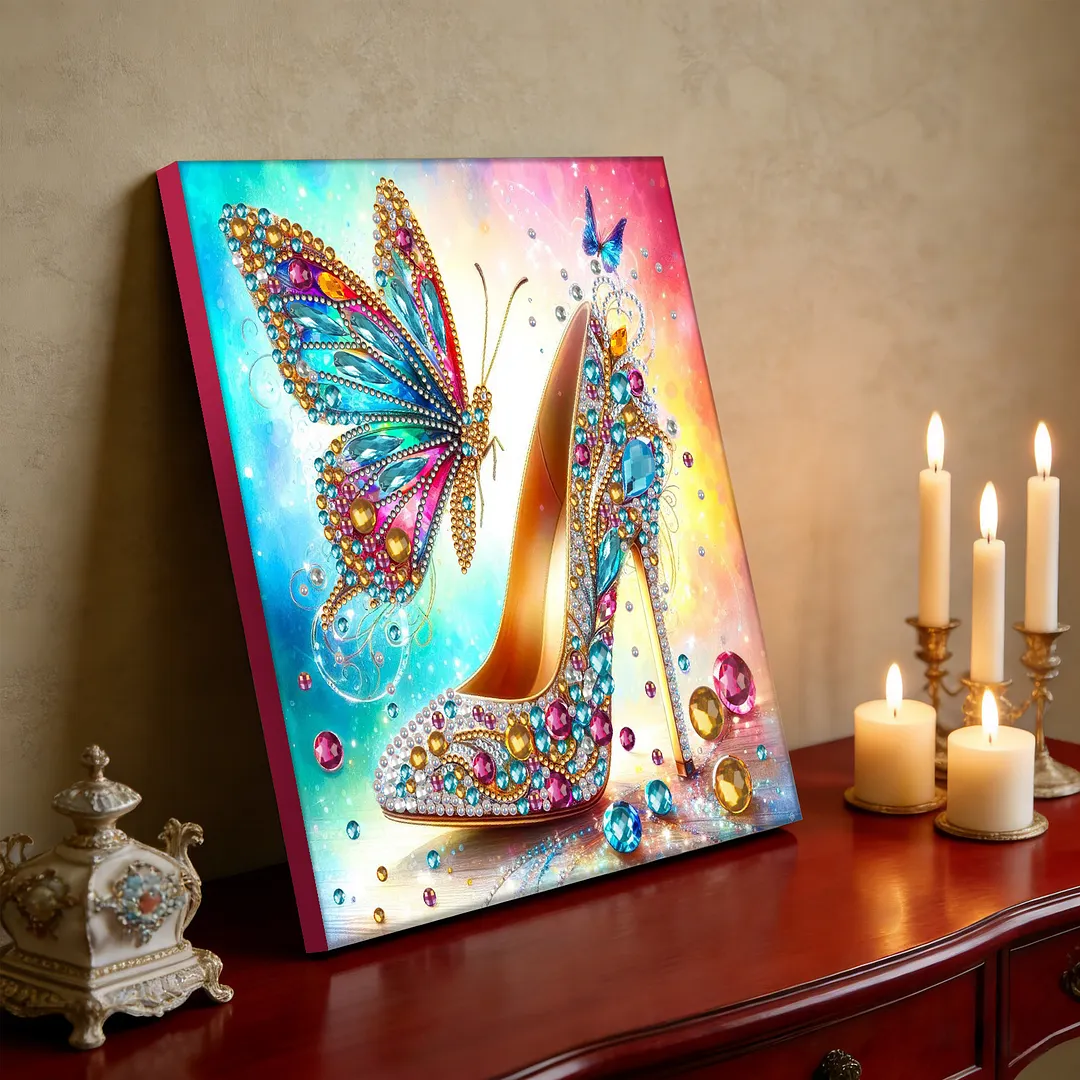 Butterfly High Heels Special Shaped DIY Large Diamond Painting Kit w/ Frame 9.84x9.84inch