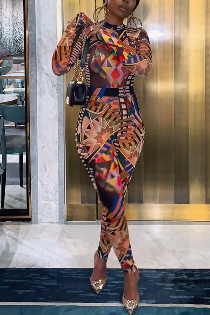 Sexy Tight-Fitting Hip Multicolor Print Jumpsuits