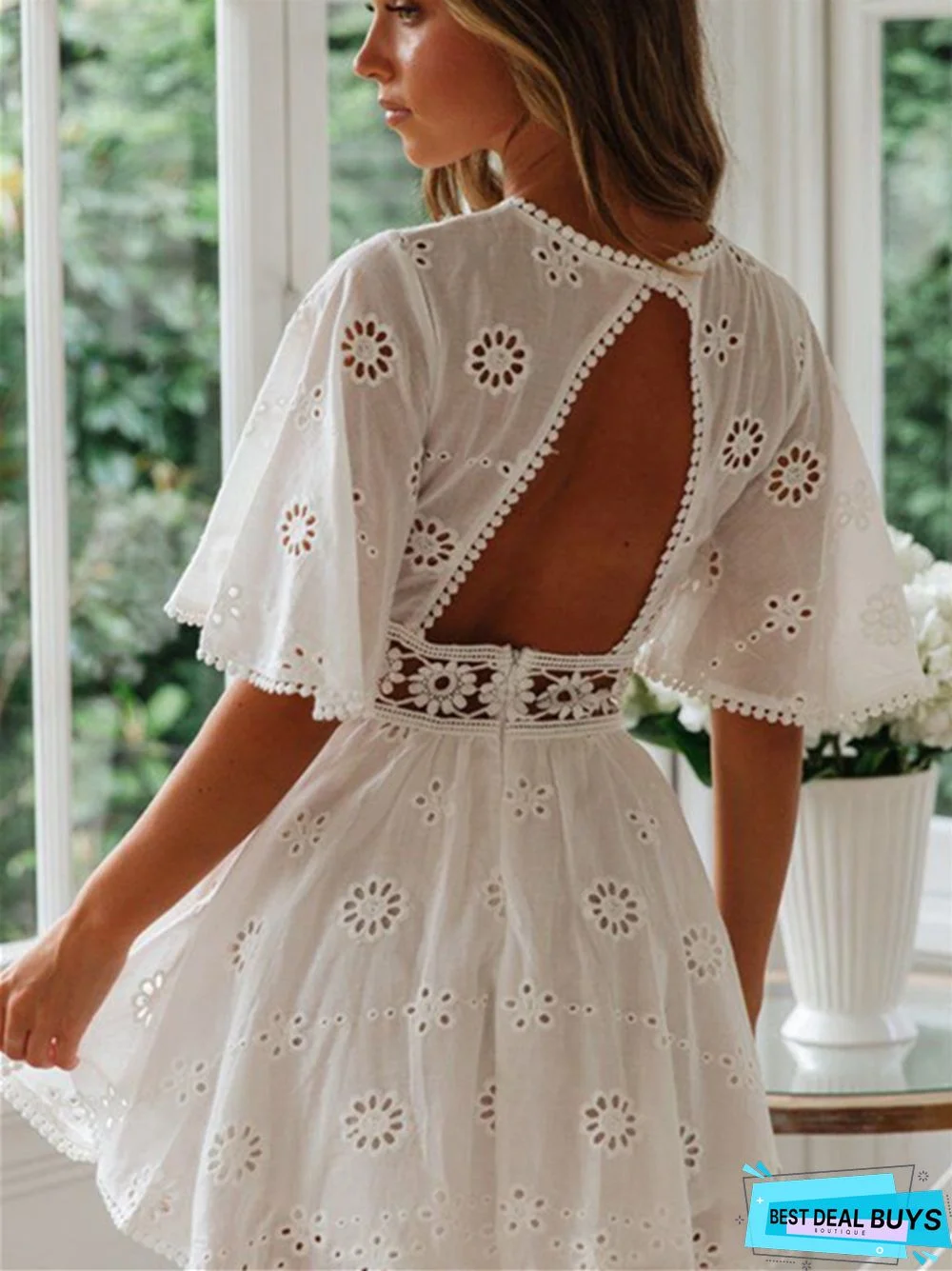 Sexy Backless Hollow Tassel Cotton-Like Dress Woman White Dresses