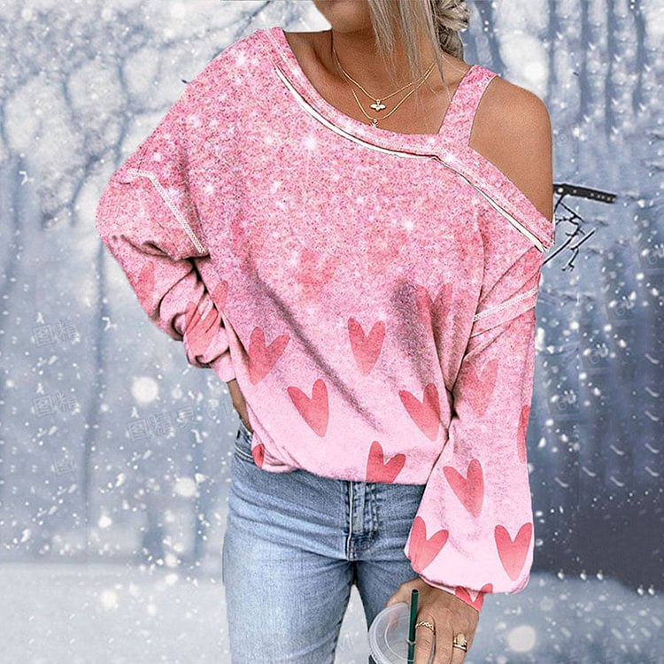 Comstylish Sequin Heart Print Off-The-Shoulder T-Shirt