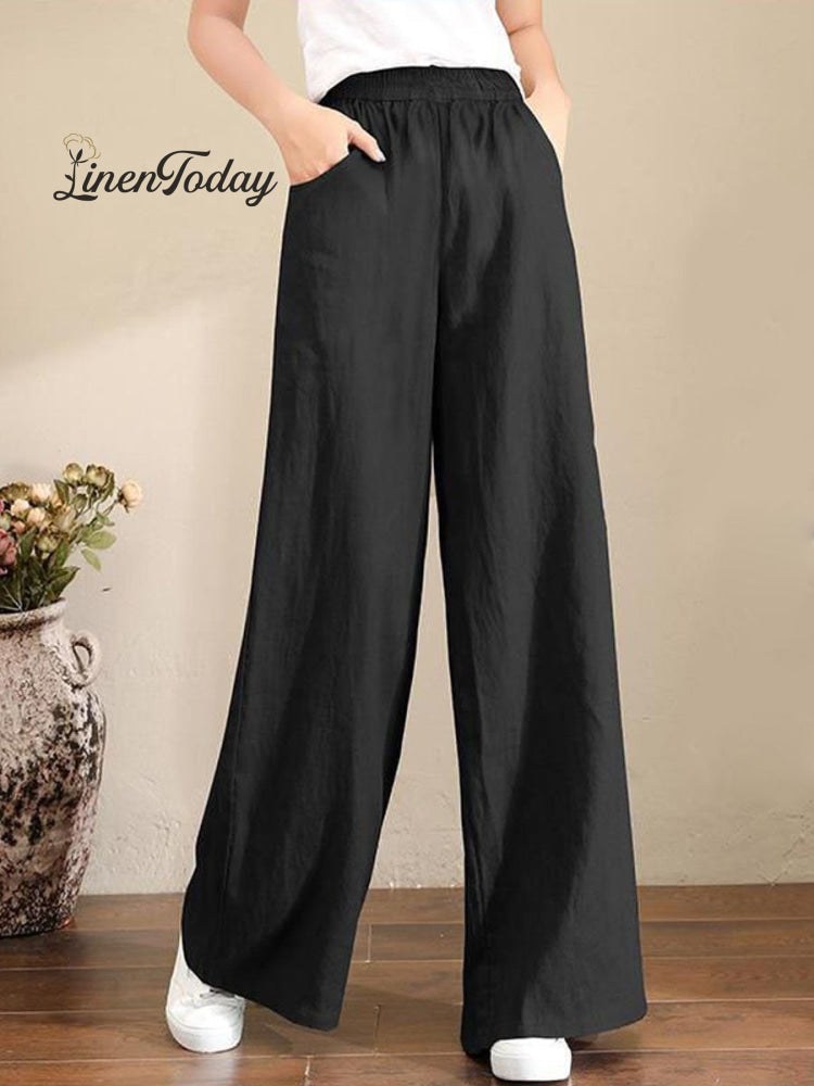Women’s Solid Color Loose Elegant Casual Simple Cotton And Linen Pants Black / S