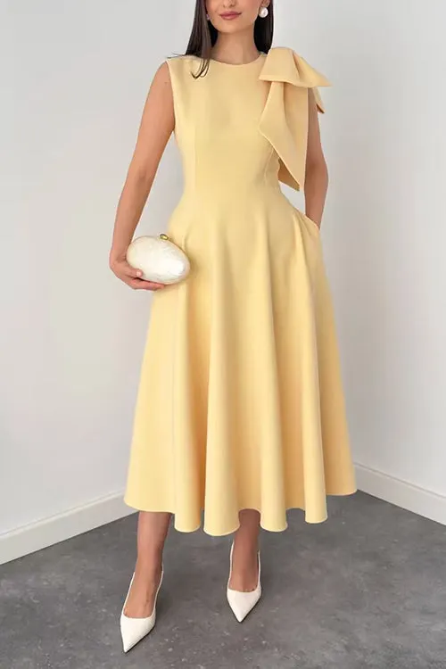 Crewneck Sleeveless Bow Shoulder Swing Midi Dress