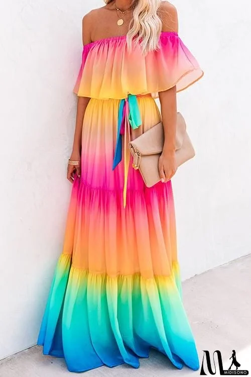 MidiSono - Gradient Off Shoulder Belted Maxi Dress