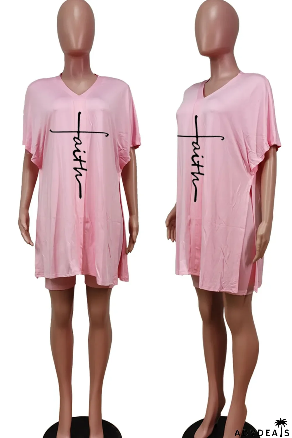 Tangerine Red Casual Print Split Joint V Neck Short Sleeve Two Pieces