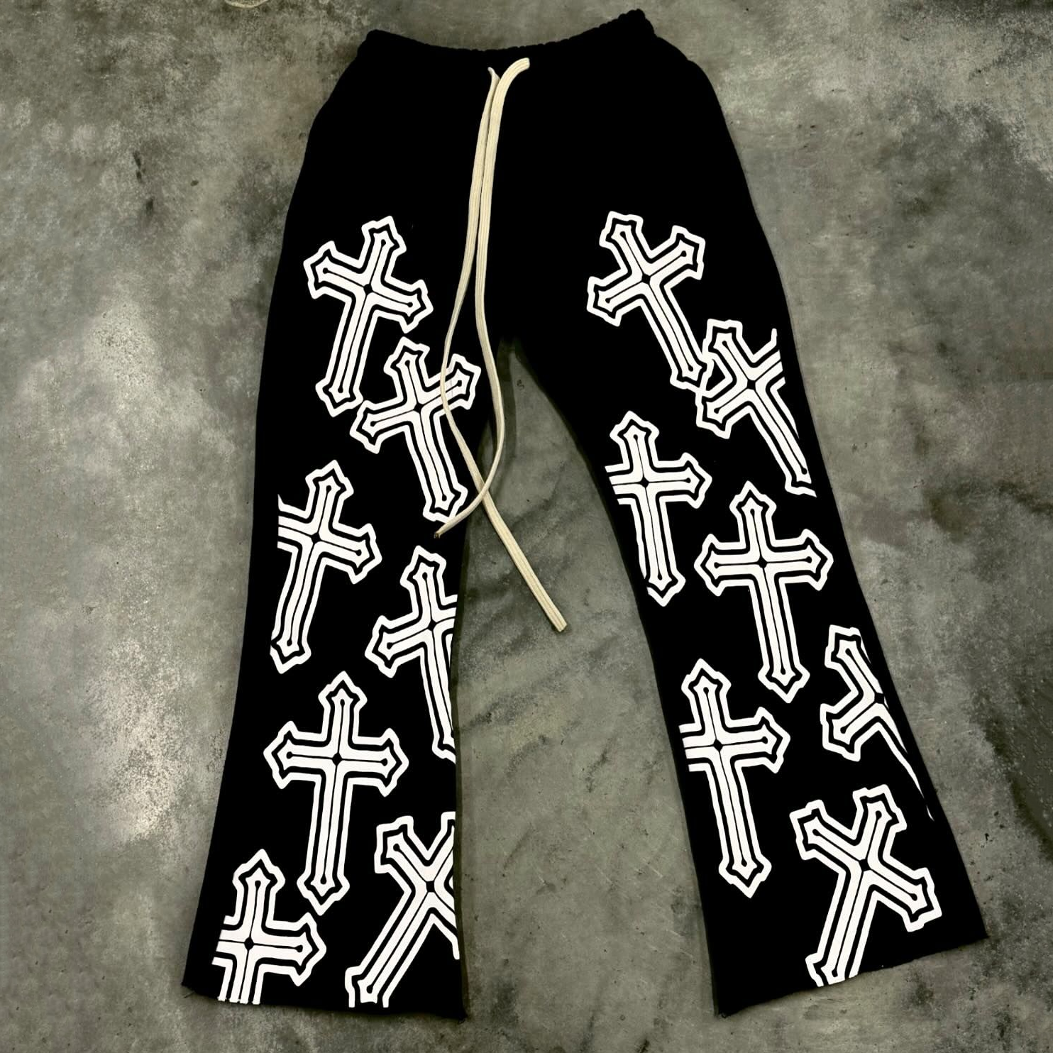 Sopula Vintage Faith Cross Print Drawstring Graphic Flared Sweats Trousers - SOPULA