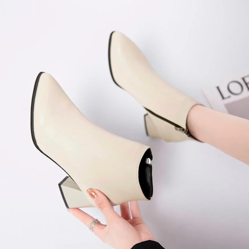 2022 New Fashion Leather Ankle Boots Women Thick High Heels Zipper Pointed Toe Autumn Winter Woman Shoes Square Heel White Black