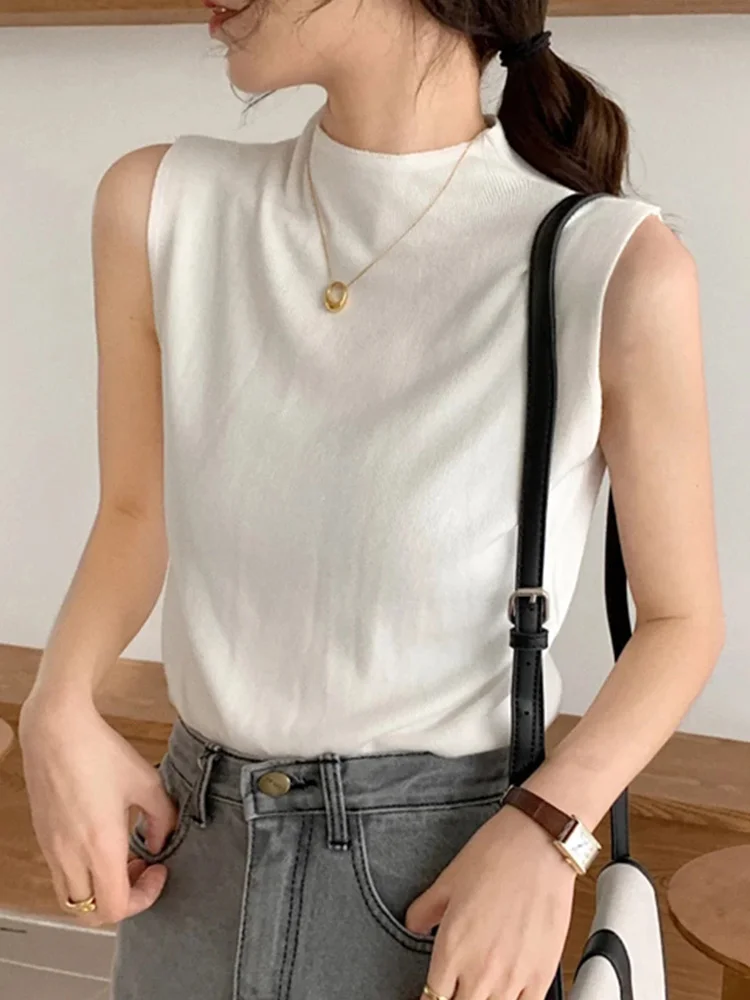 Brownm Knitted Top Summer Turtleneck Tank top Women camisole Blouse Sleeveless Slim Top Female sleveless t-shirt Vest Casual Camis