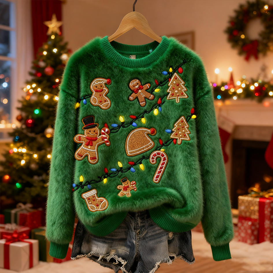 Women&rsquo;s Retro Christmas Element Design Round Neck Flannel Sweatshirt elevenforest