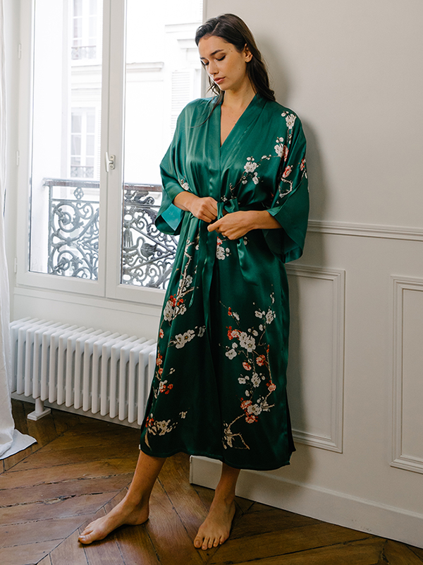 Clearance-Green Floral Women's Silk Kimono Robe REAL SILK LIFE