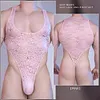 Men's Sheer Lace One Piece Bodysuit Breathable Thong Lingerie | Thong Back Design - This men's sheer floral lace one piece bodysuit features a breathable front pouch and an open thong back