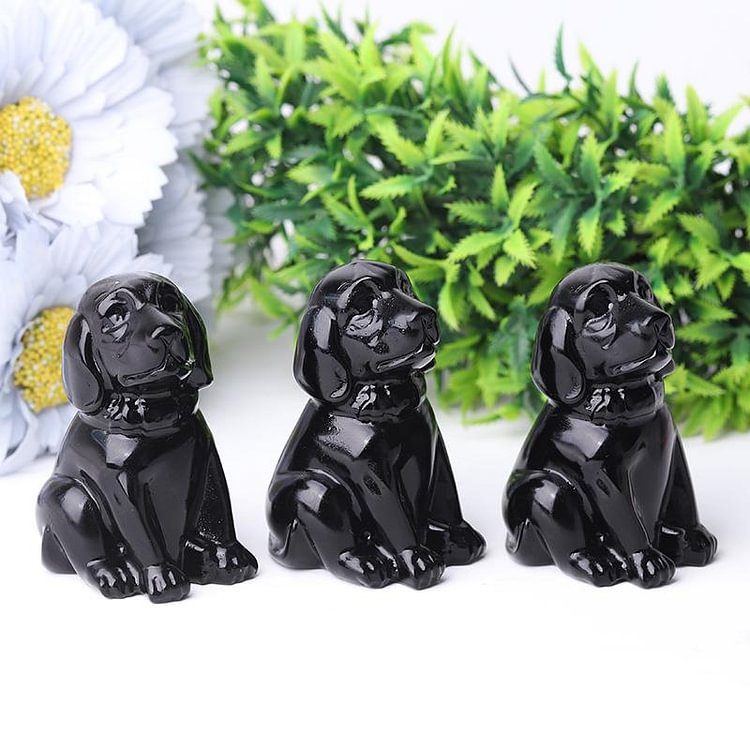 2.7" Black Obsidian Dog Crystal Carvings Animal Bulk