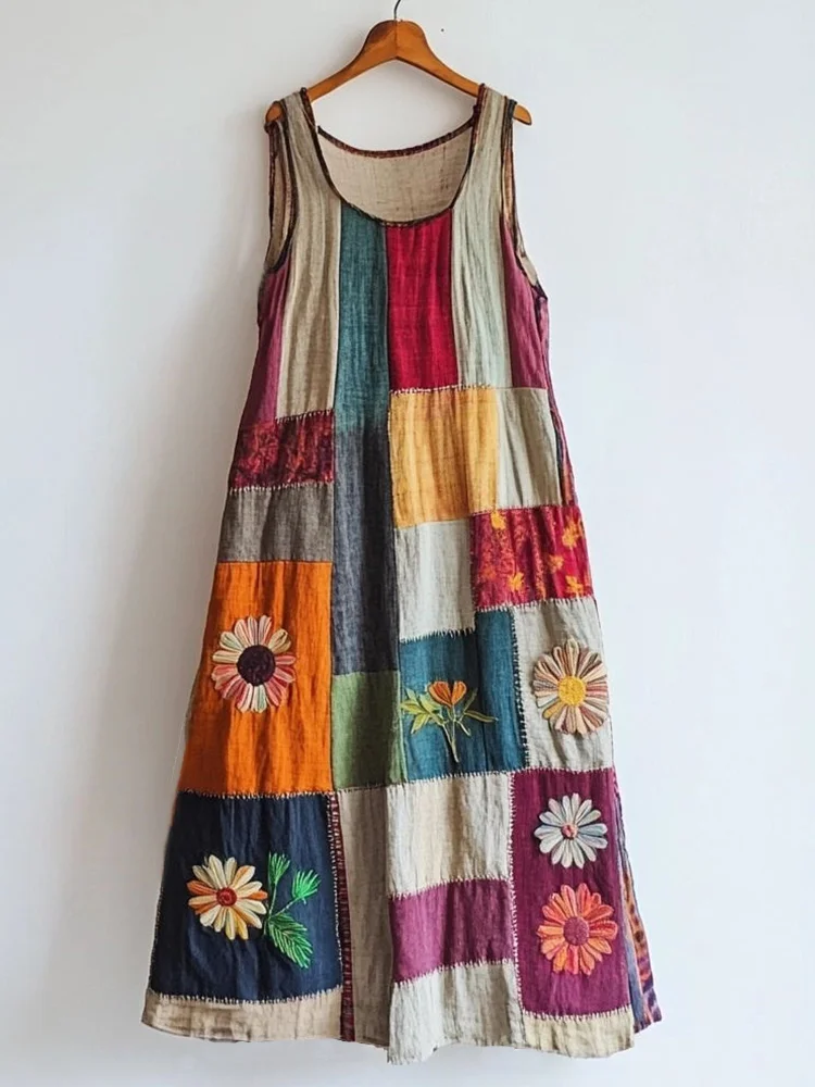 Utbros Vintage Floral Embroidered Patchwork Linen Blend Dress