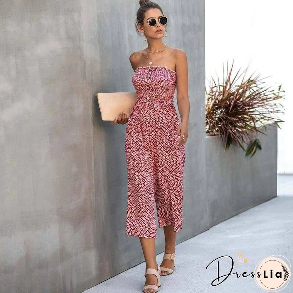 Floral Long Jumpsuit Elegant Women Backless Romper Summer Jumpsuit Female Cotton Pocket Ladies Strapless Overalls For Women