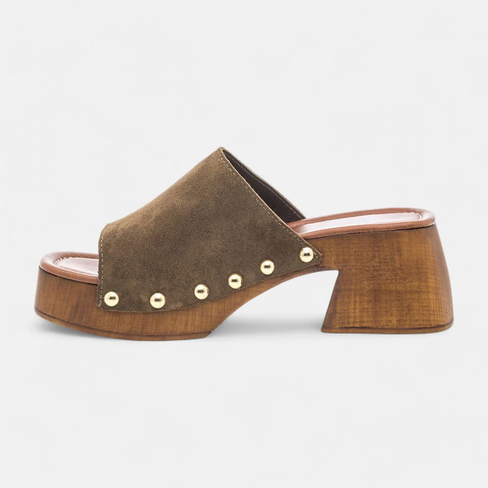 Brown Vegan Suede Open Toe Studded Block Heel Platform Slide Sandals