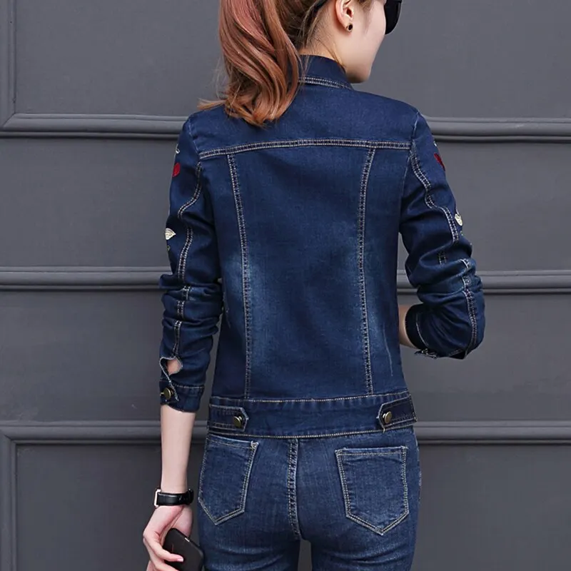 Jeans Jackets Women 2019 Autumn Flower Embroidery Vintage Female Long Sleeve Casual Coats and Top Woman Blue Short Denim Jackets