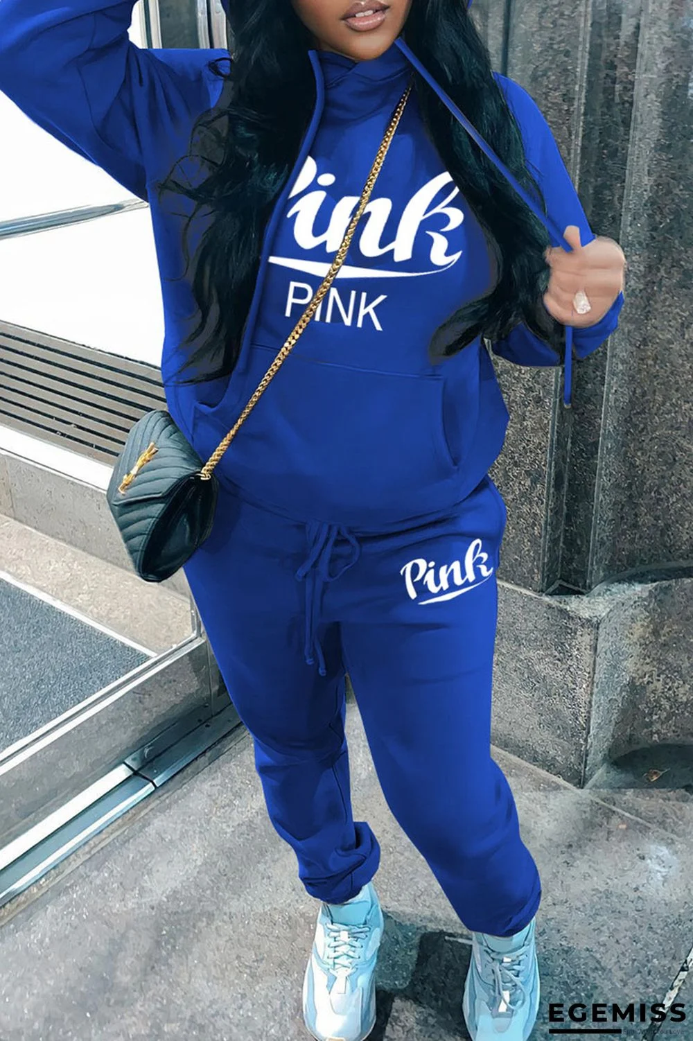Blue Casual Letter Print Basic Hooded Collar Long Sleeve Two Pieces | EGEMISS
