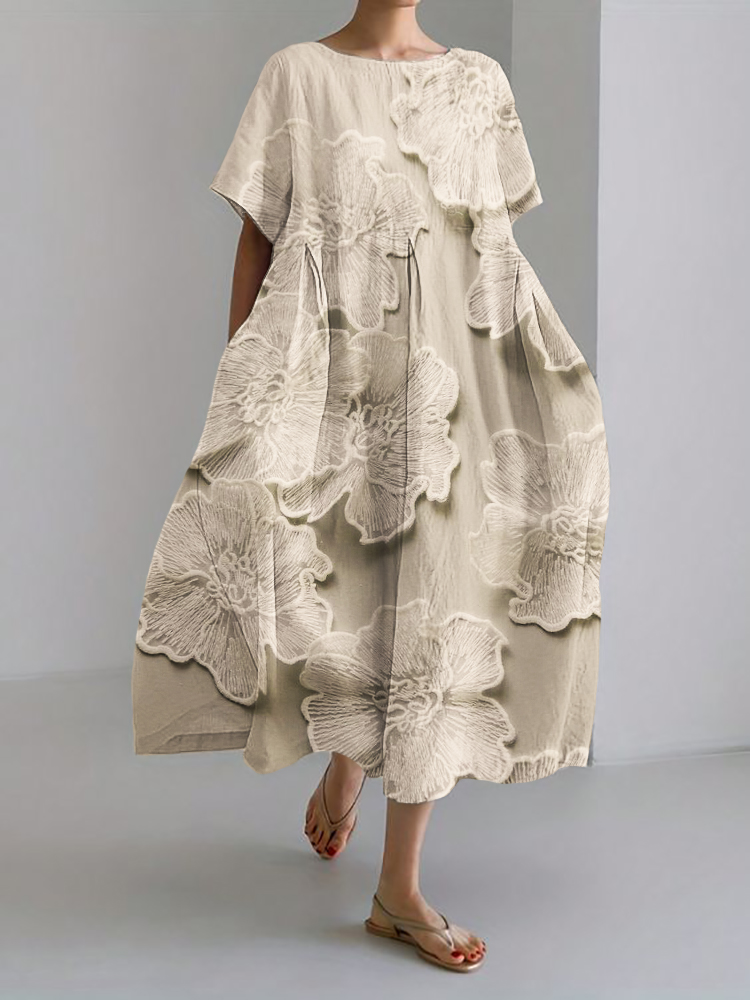 Comstylish Classy Flowers 3D Embroidered Linen Blend Maxi Dress