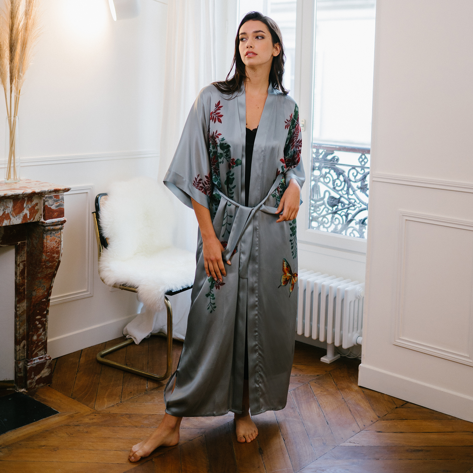 19 Momme Silver Gray Printed Women's Silk Kimono Robe REAL SILK LIFE