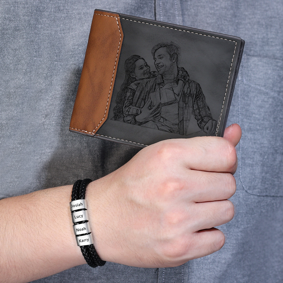 Personalised 1 Photo & 1 Letter & 5 Names Gift Set Custom Wallet & Bracelet & Pen Gift Box Set Father’s Day Gifts