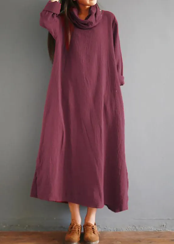 Women cotton tunics for women Fitted Turtleneck Split Loose Cotton Vintage Winter Dress