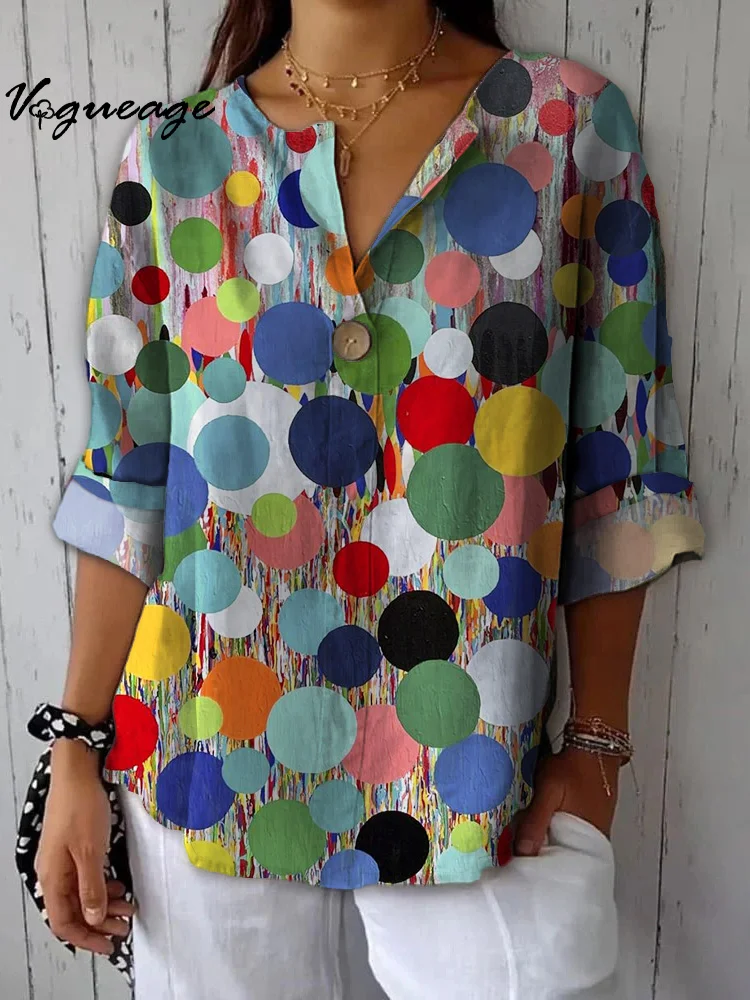 Fashion Bright Colored Spots Printed Cotton And Linen Shirt