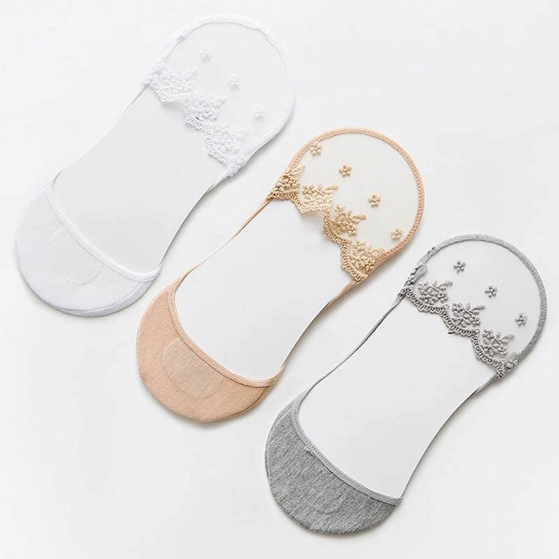 New Transparent Short Lace Socks Women Summer Hollow Out Female Soft Invisible Breathable Boat Socks Slippers 2020 3 Pairs