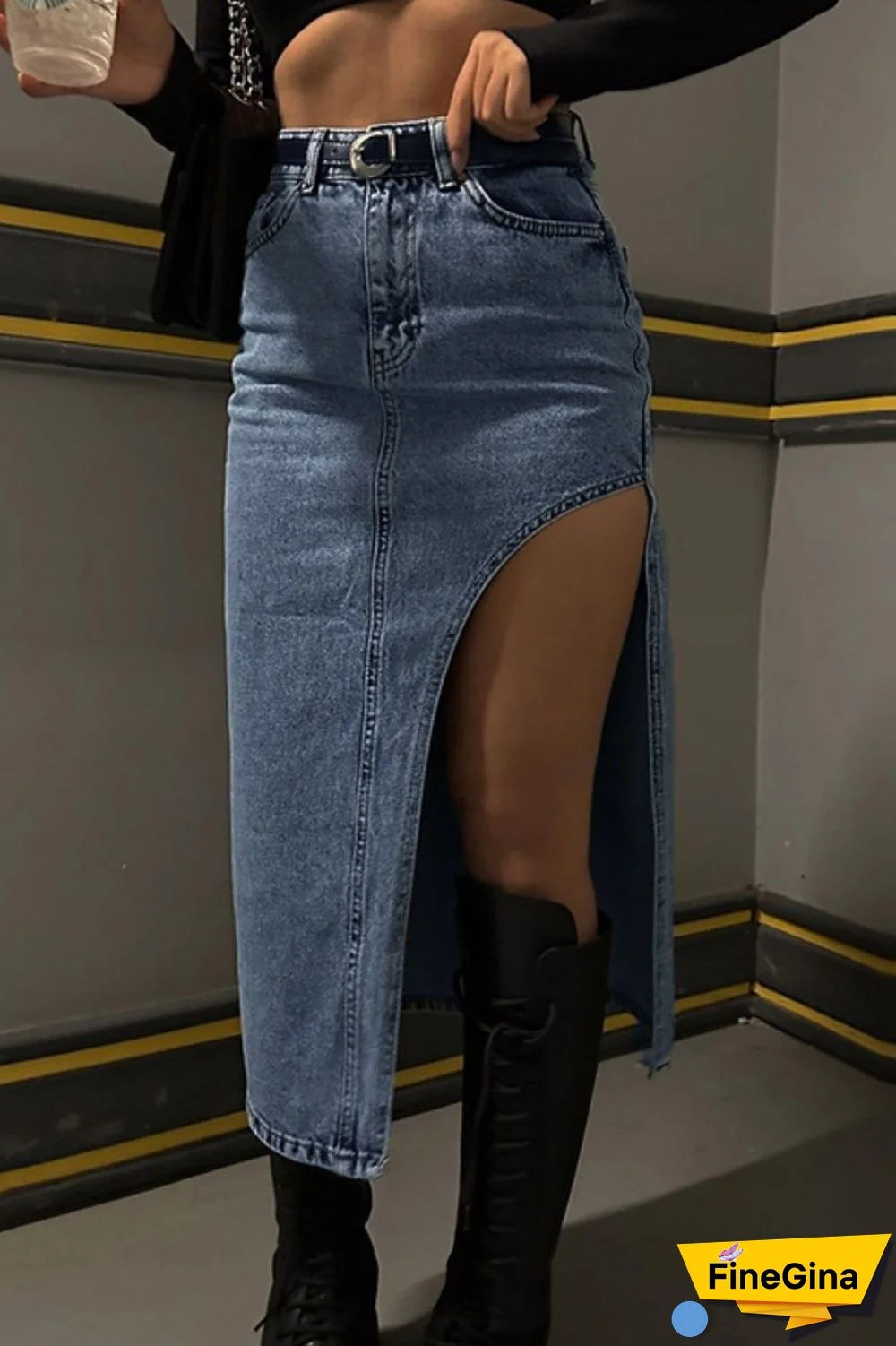 Blue Casual Solid Slit High Waist Skinny Denim Skirts