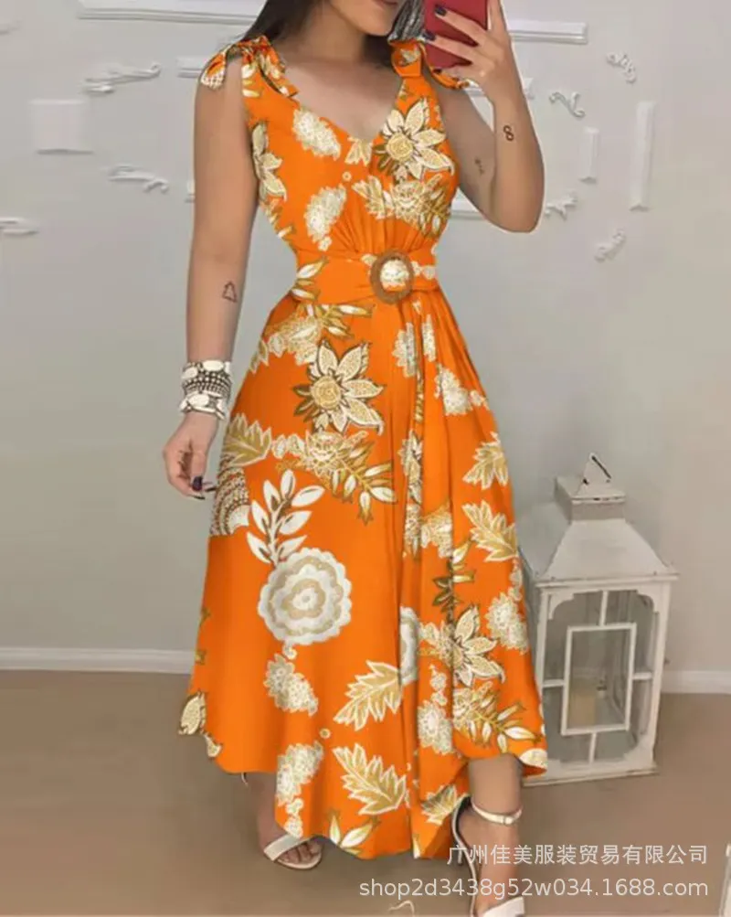 Uveng New E-Commerce Blue Lace Dress Female Non-Positioning Printing With Belt In Stock