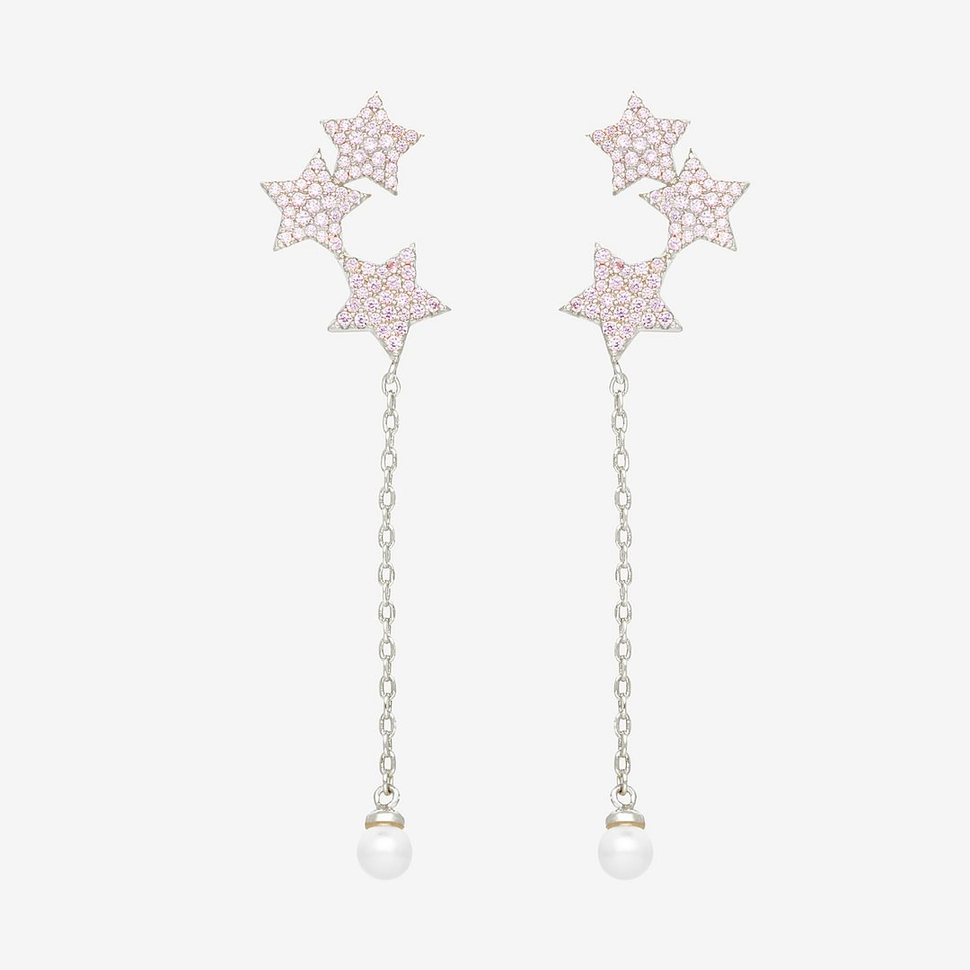 Pink Stars Features Pearl Threader Earrings in Silver