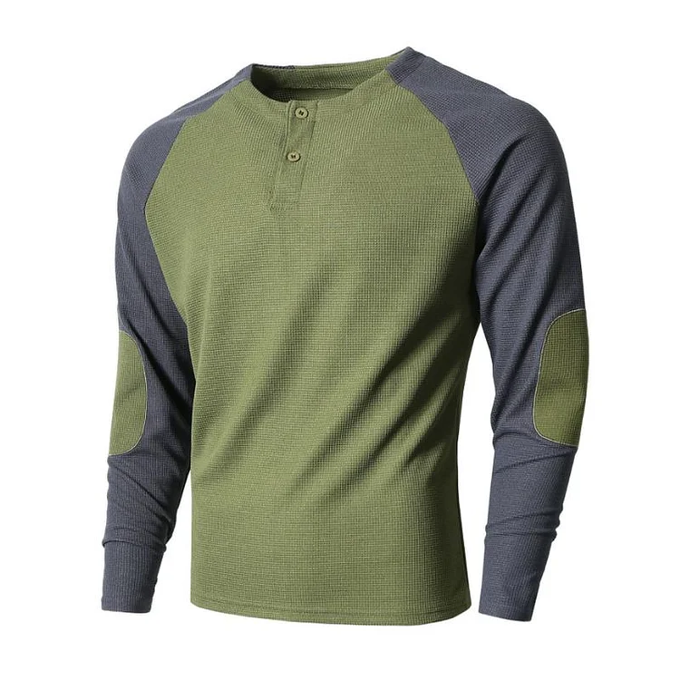Men's Casual Waffle Henley Collar Colorblock Raglan Long Sleeve T-Shirt 06811878M