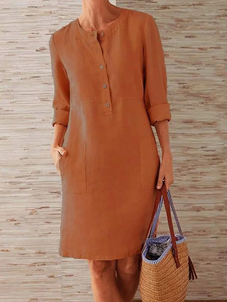 Daily Solid Half Button Long Sleeve Pocket Midi Dress